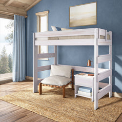 Whitewashed wooden loft bed with cozy under-bed reading nook, nightstand and copper lamp, woven jute rug and large window in a sunlit blue-walled coastal-style bedroom