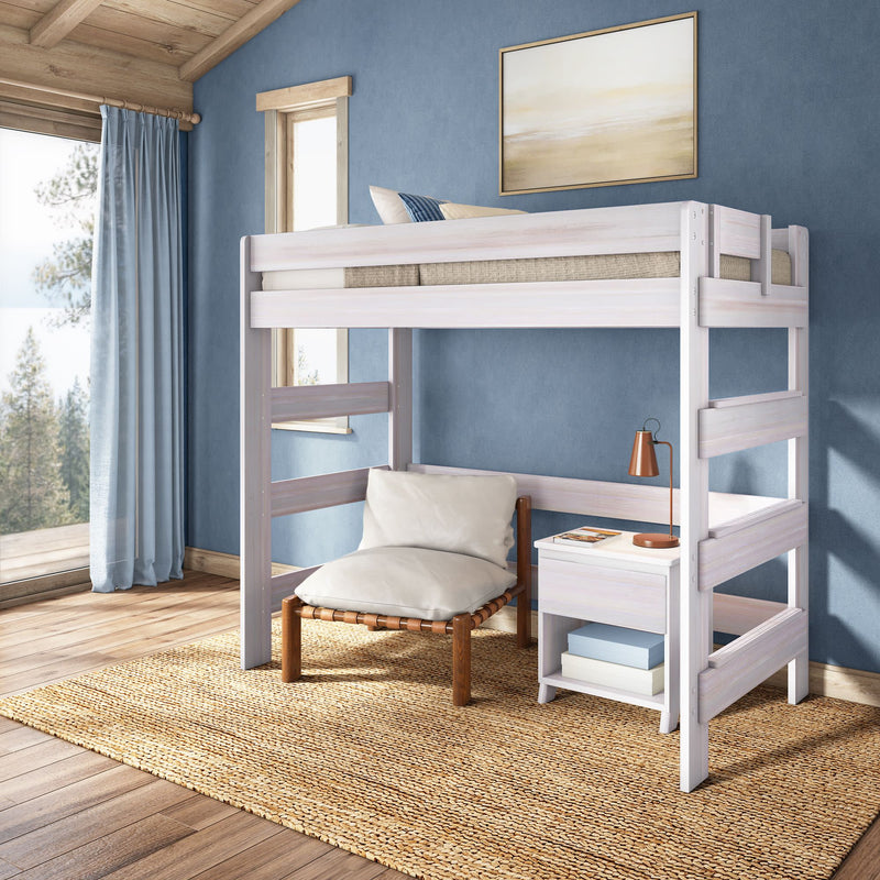 Whitewashed wooden loft bed with cozy under-bed reading nook, nightstand and copper lamp, woven jute rug and large window in a sunlit blue-walled coastal-style bedroom