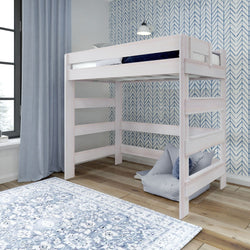 Loft bed in modern bedroom with blue chevron wallpaper and cozy reading nook.