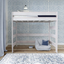 Lofted white wooden bunk bed with cozy chair and modern geometric wallpaper design.