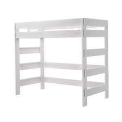 White wooden loft bed frame with ladder, ideal for children's bedroom furniture.