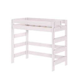 White wooden loft bed frame twin size with guardrails and built-in ladder, space-saving children's bedroom furniture