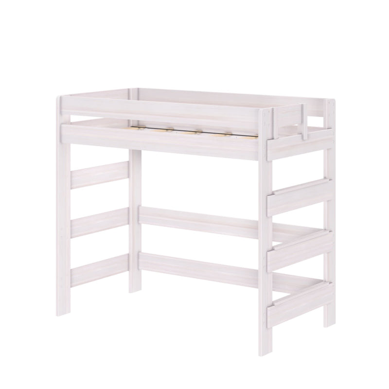 White wooden loft bed frame twin size with guardrails and built-in ladder, space-saving children's bedroom furniture
