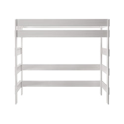 White wooden loft bed frame with ladder, ideal for small bedroom spaces.