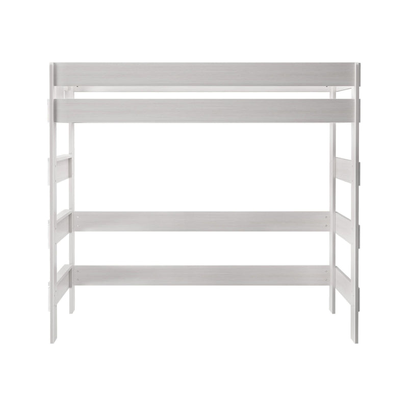 White wooden loft bed frame with ladder, ideal for small bedroom spaces.