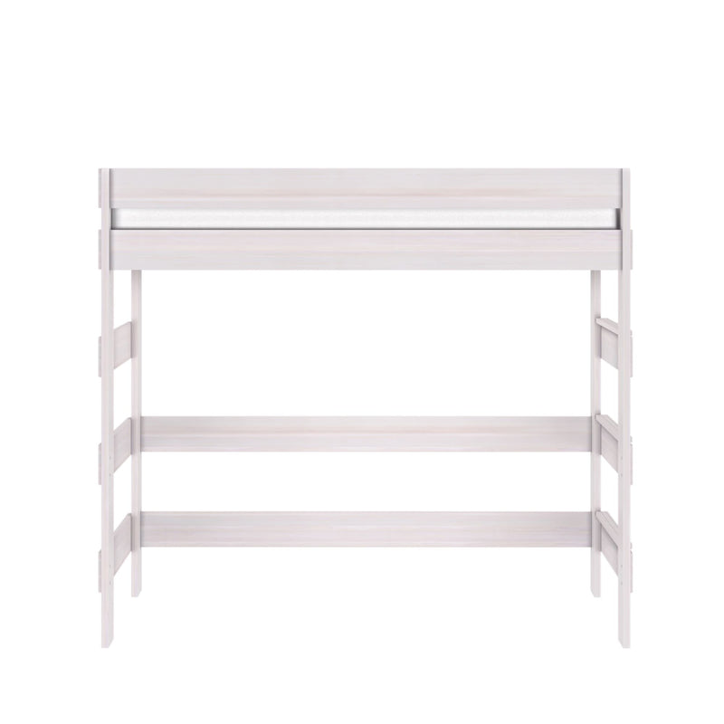 White wooden twin loft bed frame with full-length guardrail and open under-bed space — modern, space-saving children's bedroom furniture