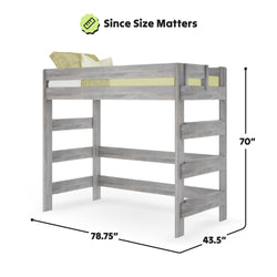 Gray wooden loft bed frame with ladder, measuring 78.75 inches in length, 43.5 inches in width, and 70 inches in height, perfect for maximizing bedroom space.