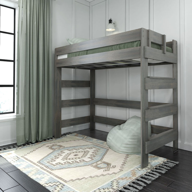 Wooden loft bed with green bedding in a modern bedroom featuring a geometric patterned rug and light green curtains.