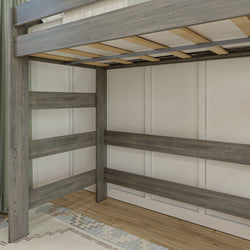 Loft bed with gray wooden frame in modern bedroom design.