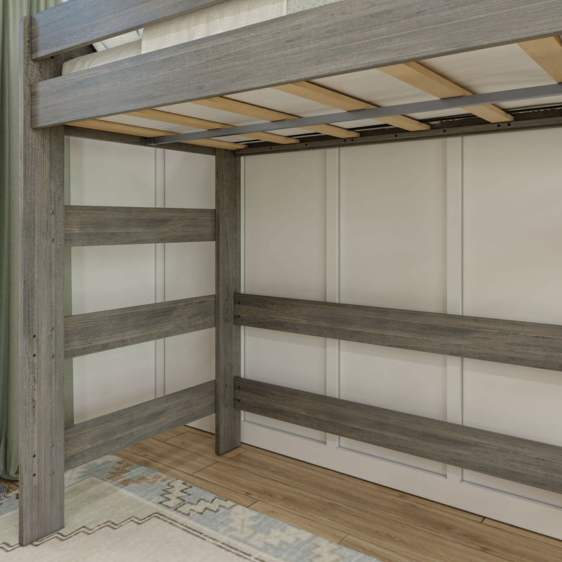 Loft bed with gray wooden frame in modern bedroom design.