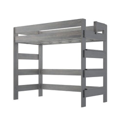 Gray wooden loft bed frame with ladder for modern bedroom furniture.