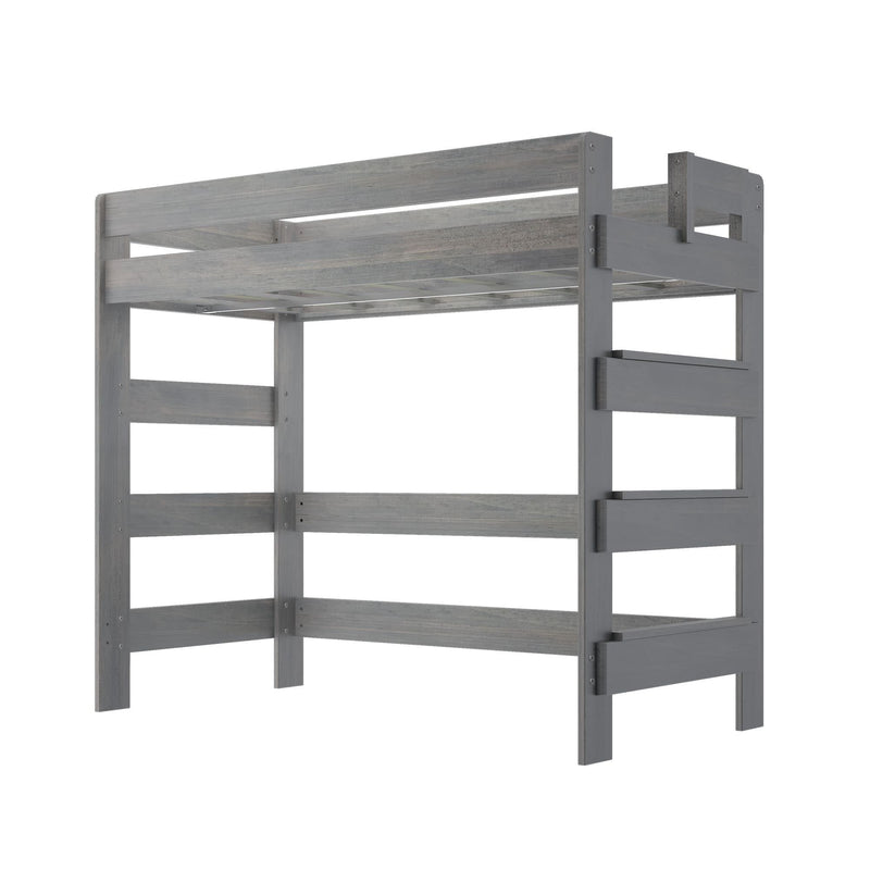 Gray wooden loft bed frame with ladder for modern bedroom furniture.
