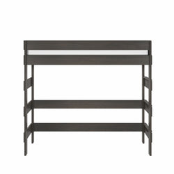 Dark gray wooden twin loft bed frame with guardrail and ladder, modern space-saving elevated platform bed for small bedrooms and studios