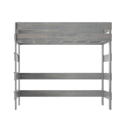 Grey wooden loft bed frame with ladder for modern bedroom furniture.