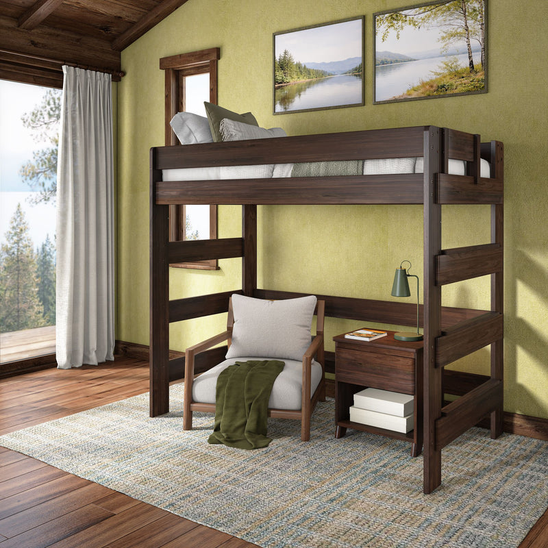 Modern rustic dark wood space-saving twin loft bed over a cozy reading nook with upholstered armchair, green throw, wooden nightstand and lamp, textured area rug, hardwood floors, green accent wall and large lake-view window