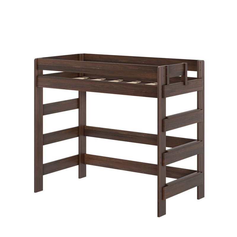 Dark brown wooden twin loft bed frame with integrated ladder and safety rails, space-saving elevated bed for kids or small bedrooms
