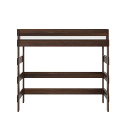 Dark walnut wooden twin loft bed frame with safety guardrail and integrated ladder, space-saving elevated bed for small bedrooms and studio apartments