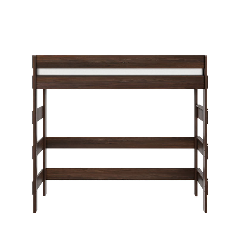 Dark walnut wooden twin loft bed frame with safety guardrail and integrated ladder, space-saving elevated bed for small bedrooms and studio apartments