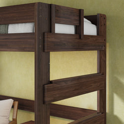 Close-up of a dark walnut solid wood bunk bed with guardrails and ladder detail, modern rustic twin-over-twin wooden bunk bed in a yellow textured bedroom wall setting
