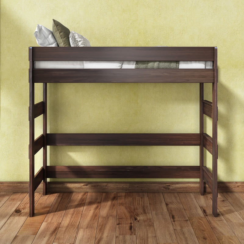 Dark walnut loft bed with raised guardrails and ladder, white mattress and green pillows in a modern bedroom with pale green textured wall and hardwood floor