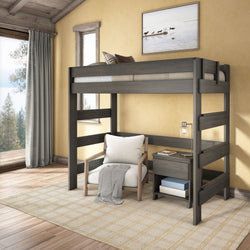 Gray wooden twin loft bed with space-saving design for small rooms, reading nook with armchair and nightstand in cozy rustic bedroom