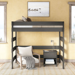 Modern dark wood twin loft bed over a cozy reading nook with white armchair, gray throw, nightstand and lamp against sunny yellow walls