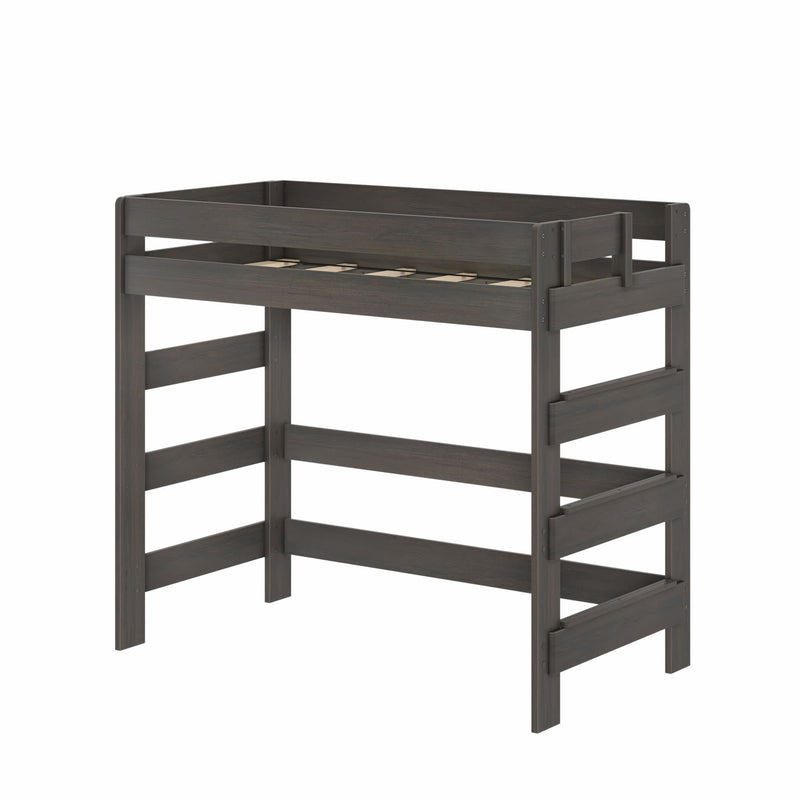 Dark gray wooden twin loft bed frame with integrated side ladder, guardrails and slatted mattress support, open under-bed space for desk or storage — modern space-saving kids' bedroom furniture