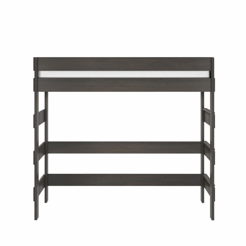 Dark gray wood twin loft bed with ladder and guardrails, space-saving elevated frame with open under-bed area for desk or storage