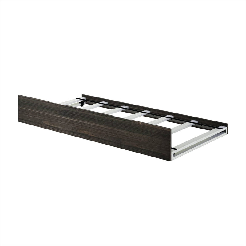 Under-bed trundle storage drawer with dark wood finish and metal slatted frame for platform beds