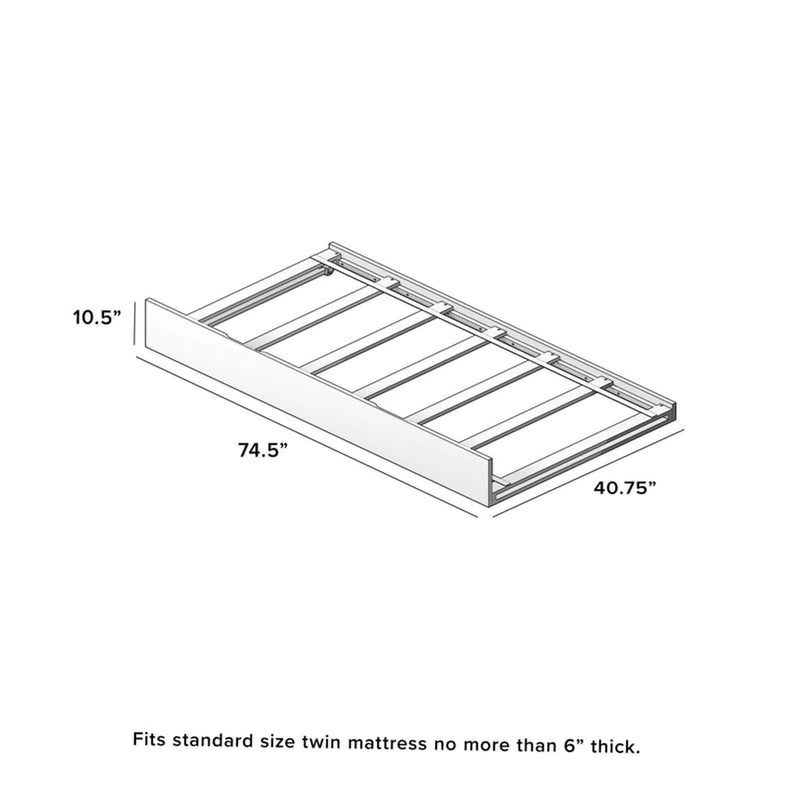 Twin trundle bed frame under-bed with slatted support, 74.5 in L x 40.75 in W x 10.5 in H, fits standard twin mattress up to 6 in thick