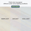 White wash wood finish sample showing color variations under warm light, daylight, and cool light — finish may appear different under various lighting conditions
