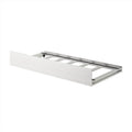 White wooden under-bed trundle drawer frame with slatted base and metal support rails for low-profile twin bed storage