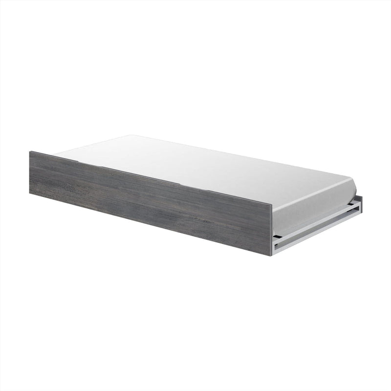 Gray wooden twin trundle bed with white mattress pulled out, modern space-saving underbed drawer for small bedrooms and guest rooms