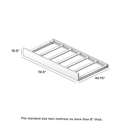 Twin trundle bed frame 74.5" x 40.75" x 10.5", slatted underbed trundle that fits a standard twin mattress up to 6" thick for extra sleeping or storage
