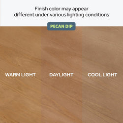 Three-panel sample of Pecan Dip wood finish showing color variation under warm light, daylight, and cool light to illustrate how finish color may appear different under various lighting conditions