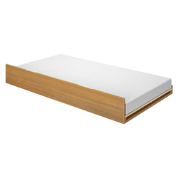 Low-profile twin/single wooden platform bed frame in oak finish with white mattress, modern minimalist design ideal for small bedrooms