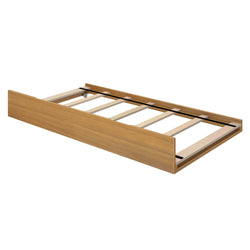 Light oak wooden trundle bed frame with slatted base, center support rail and caster for easy rolling — under-bed guest bed or storage solution