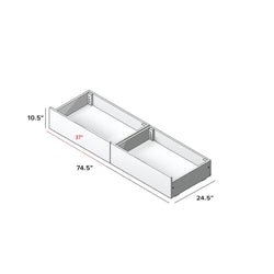 Underbed storage drawer unit with two 37 in. pull-out compartments, white wood under-bed organizer for bedroom storage, 74.5 in. L x 24.5 in. W x 10.5 in. H.
