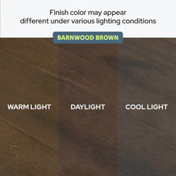 Barnwood Brown wood finish sample showing color variation and grain under warm light, daylight, and cool light — finish color may appear different under various lighting conditions