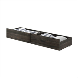 Dark wood under-bed storage drawers, slide-out hidden bedroom organizer holding pillows and folded blankets