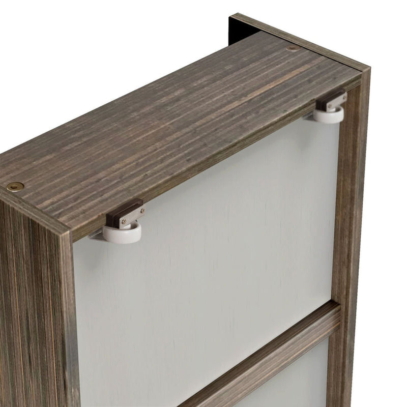 Narrow wall-mounted grey oak tilt-out shoe cabinet with white front panels, dual roller hinges, and space-saving hallway shoe organizer