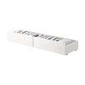 White wooden under-bed storage drawers set of two with striped blankets, low-profile pull-out bedroom storage organizer