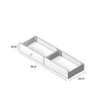 Under-bed storage drawer dimensions diagram: white pull-out wooden drawer with two 37 in compartments, 74.5 in L x 24.5 in W x 10.5 in H, product illustration