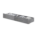 Grey wood underbed pull-out storage drawers with casters, set of two holding pillows and blankets, space-saving bedroom organizer