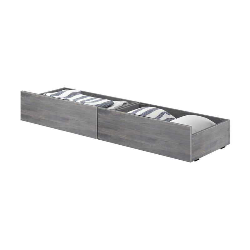 Grey wood underbed pull-out storage drawers with casters, set of two holding pillows and blankets, space-saving bedroom organizer