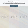 White wash flooring finish color comparison under warm light, daylight, and cool light showing how finish color may vary across different lighting conditions