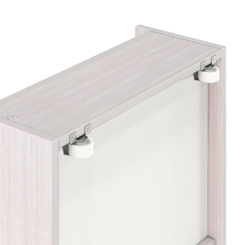 Close-up of whitewashed wood sliding barn door top track with metal brackets and white nylon roller — modern sliding door roller hardware interior track detail