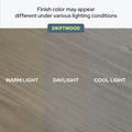 Driftwood wood flooring finish sample shown under warm, daylight, and cool light to illustrate how finish color may vary