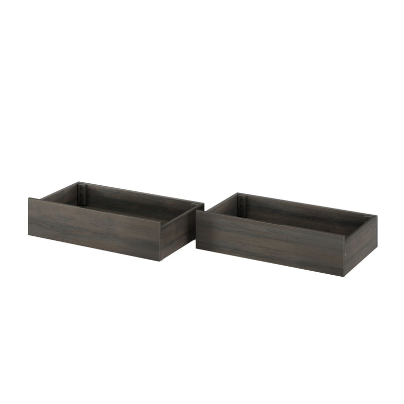 Two dark gray wooden underbed storage drawers with open tops and metal corner brackets, modern bed storage organizer