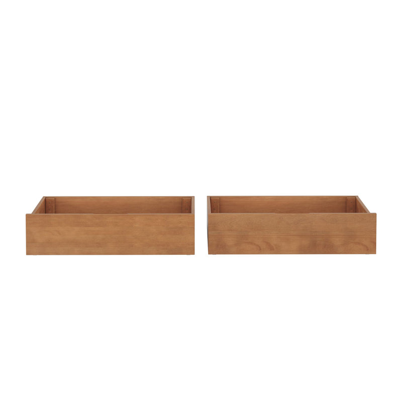 Oak under-bed storage drawers, pair of empty wooden bedroom storage drawers with natural finish, front view